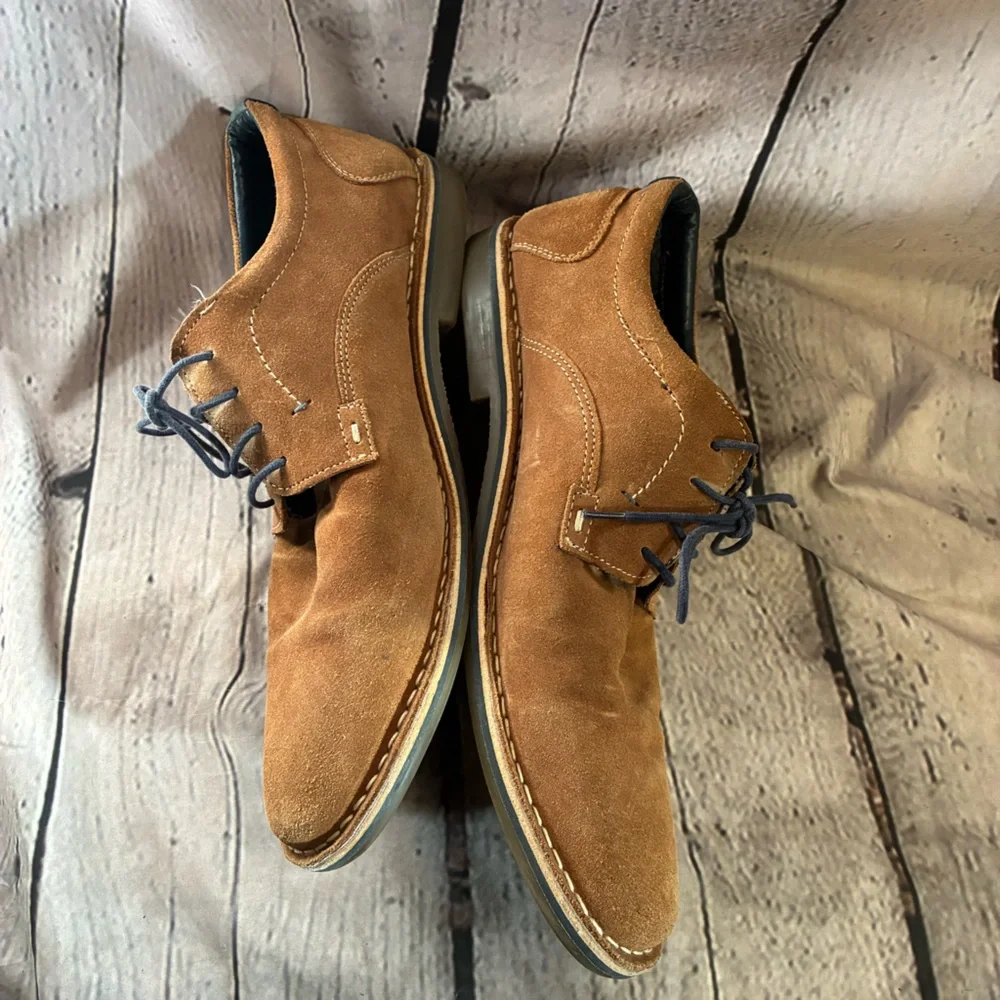 Steve Madden Hatrick Mens Sz 13 Tan Suede Preppy Oxford Shoes Navy Lace Up Shoes